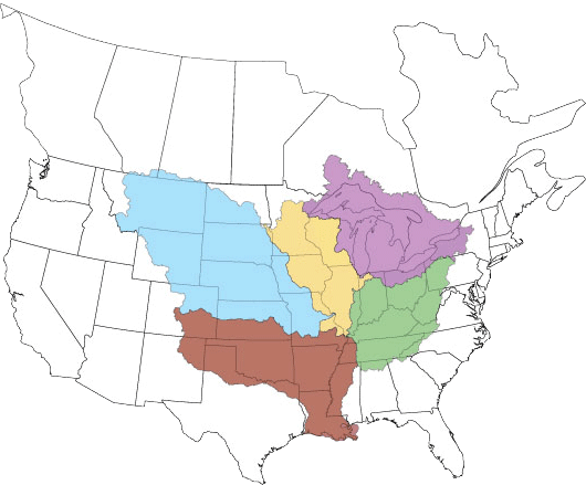 Map of North America with the Missouri, Upper Mississippi and Lower Mississippi River Basins and the Great Lakes Basin highlighted.