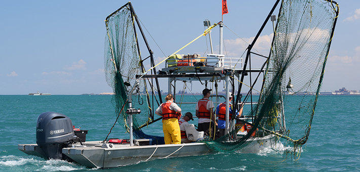 People aboard a sampling boat with large nets like wings from the side of the boat.